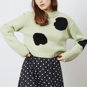Tibi Intarsia Cropped Pullover Pistachio Black Spotted Sweater Extra Small